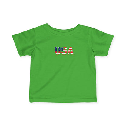 Infant USA flag block print baby shirt from Printify, soft kids' clothing with patriotic flag design on a comfortable tee.