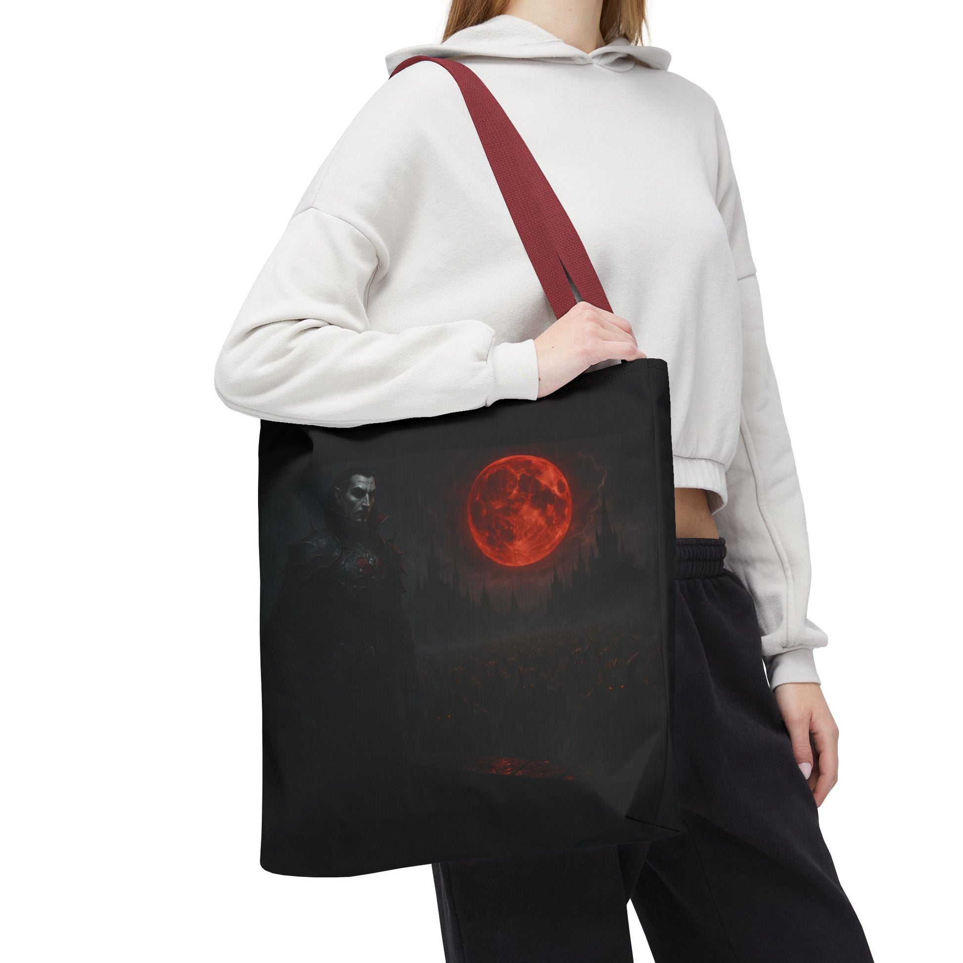 Gothic Dracula tote bag with moonlit vampire art, stylish Halloween-inspired bag by Printify.