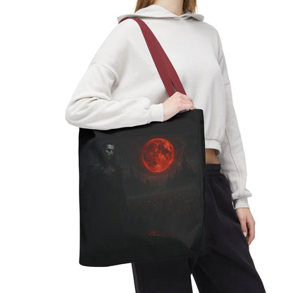 Gothic Dracula tote bag with moonlit vampire art, stylish Halloween-inspired bag by Printify.