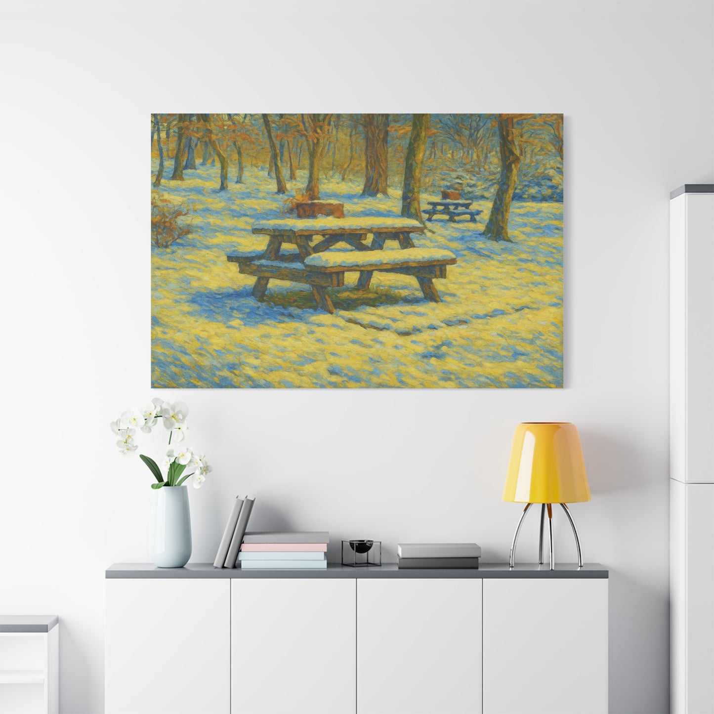 Winter picnic scene canvas print by Printify showing a snow-covered park bench in a serene outdoor setting.
