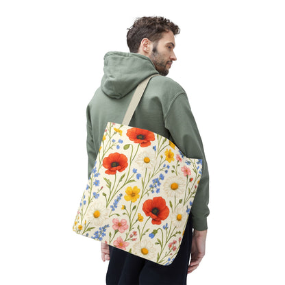 Wildflower Poppy print tote bag by Printify featuring a colorful floral all-over pattern on durable fabric.