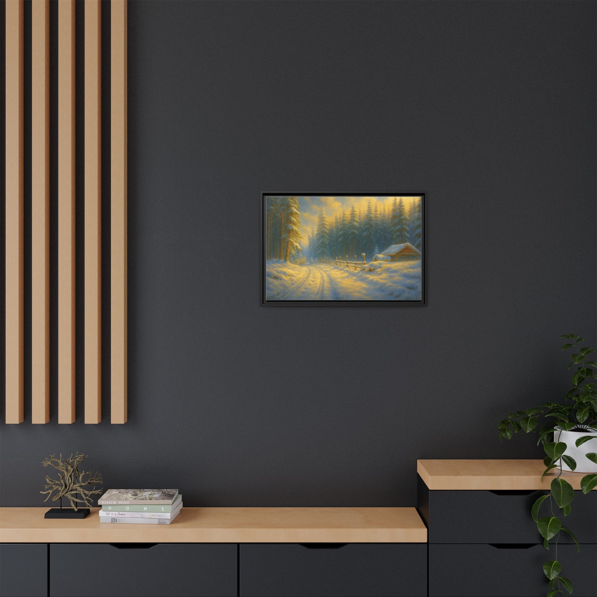 Framed winter cabin canvas print featuring a snowy forest sunset, wall art by Printify showcasing a cozy woodland scene.