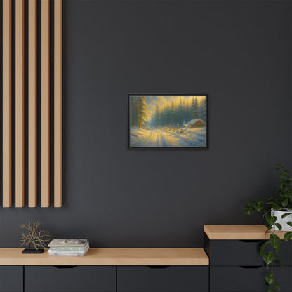 Framed winter cabin canvas print featuring a snowy forest sunset, wall art by Printify showcasing a cozy woodland scene.
