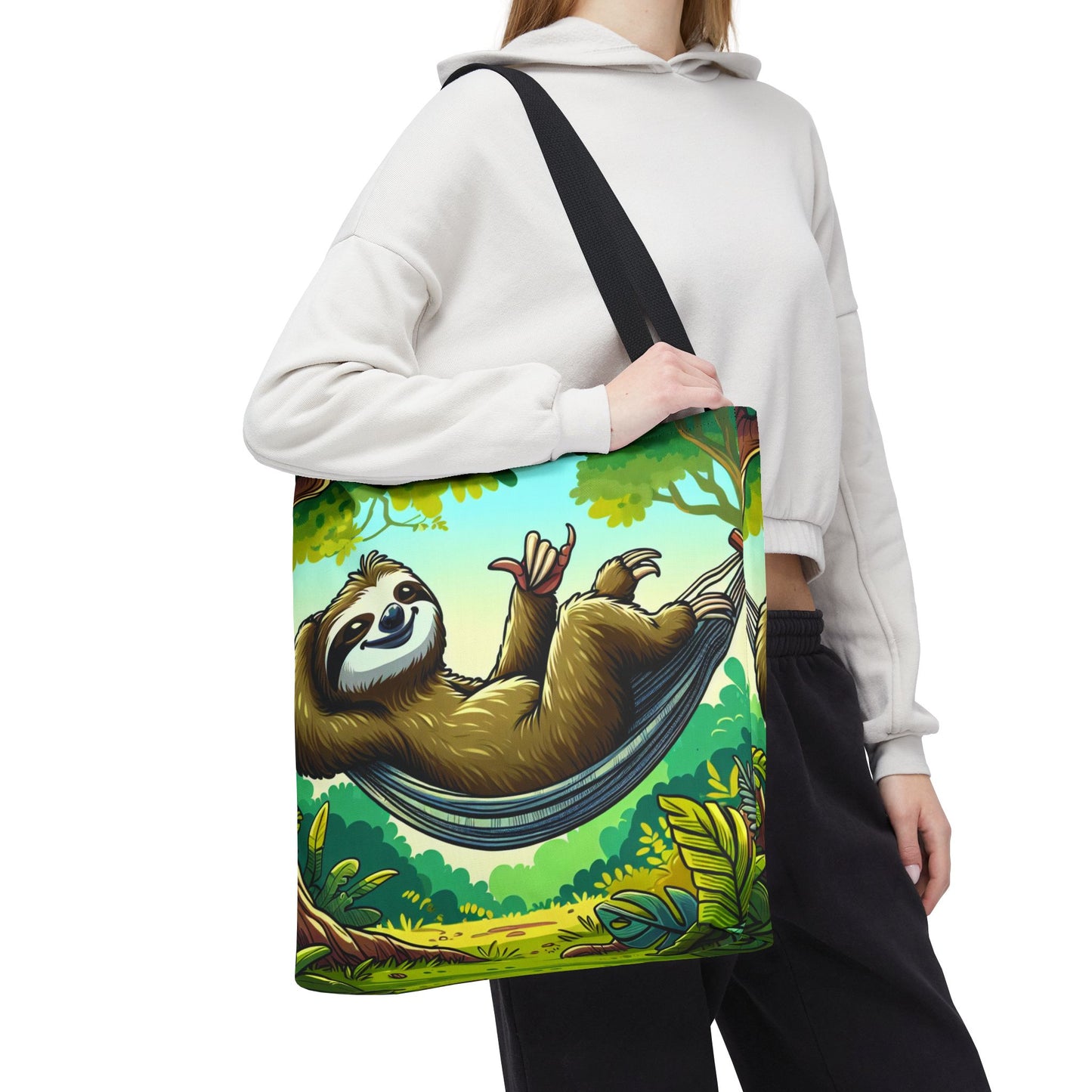 Eco-friendly sloth tote bag with cute animal design, made by Printify, perfect for animal lovers and casual outings.