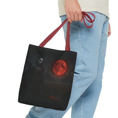 Gothic Dracula tote bag featuring moonlit vampire art, perfect for Halloween, by Printify, showing the detailed vampire design.