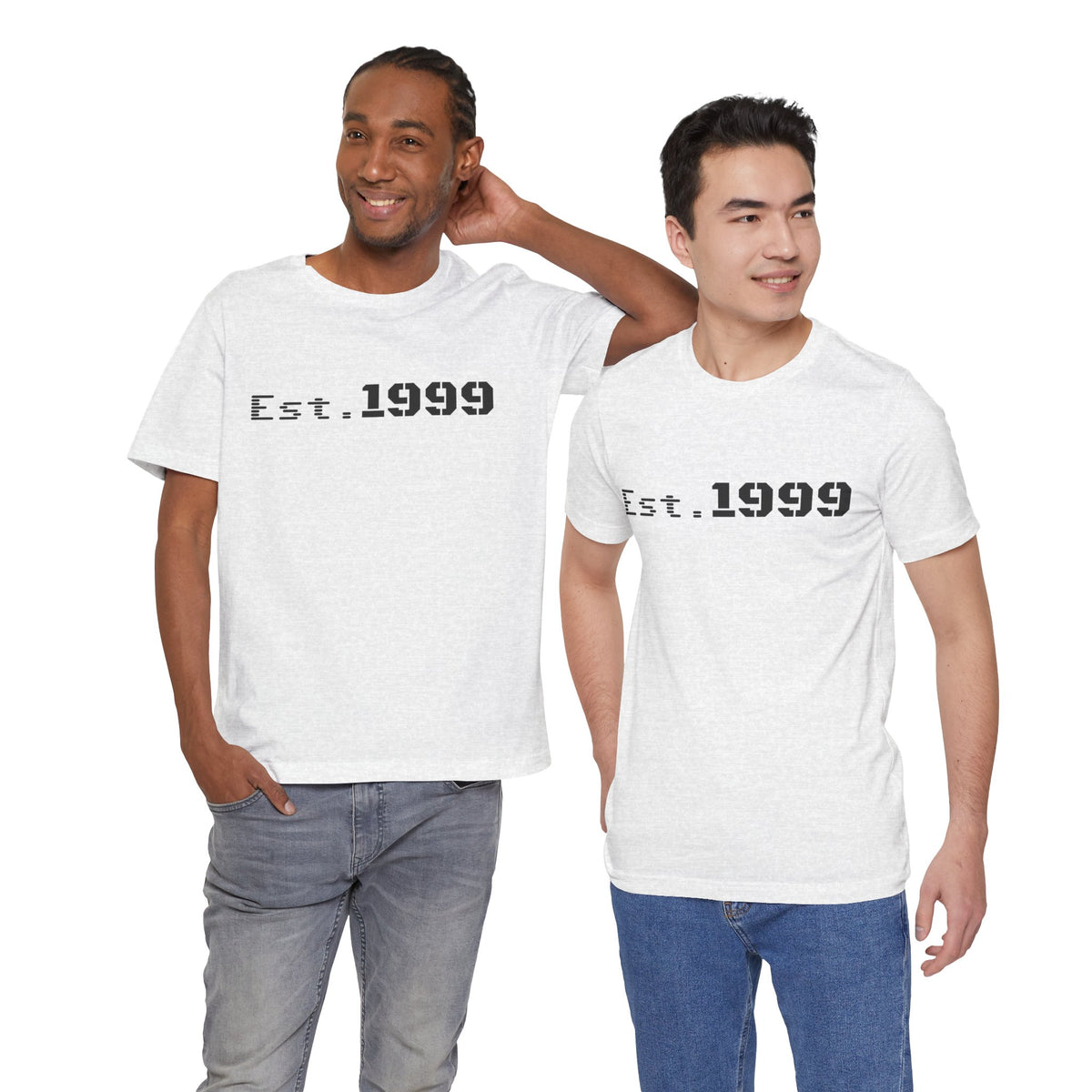 Vintage minimalist "Est. 1999" T-shirt by Printify featuring clean design and classic fit, perfect for casual wear.
