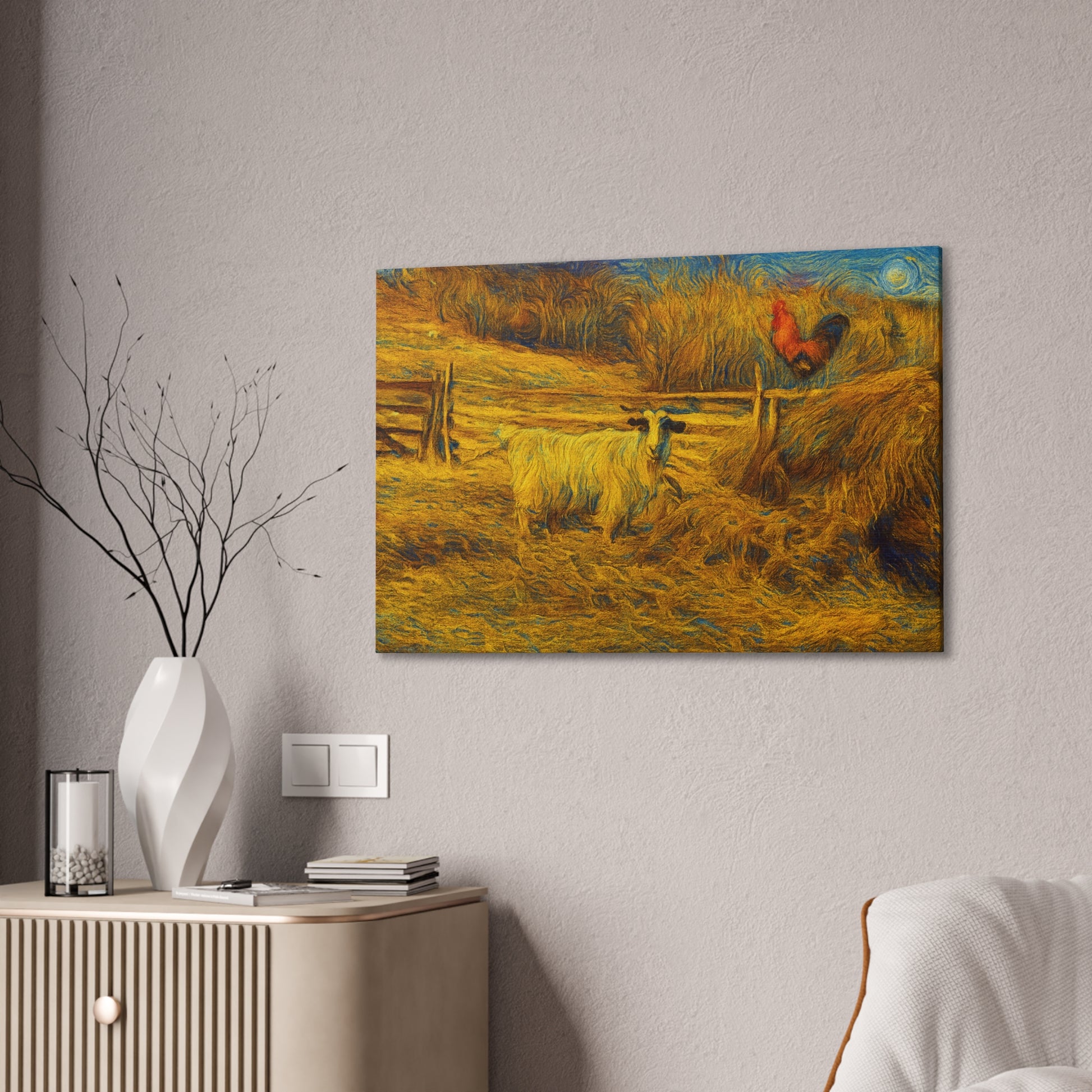 Farmhouse Canvas Wall Art - Rustic Animal Decor, Goat and Rooster Painting, Country Home, Farmhouse Style, Gift for Farmers - TRV