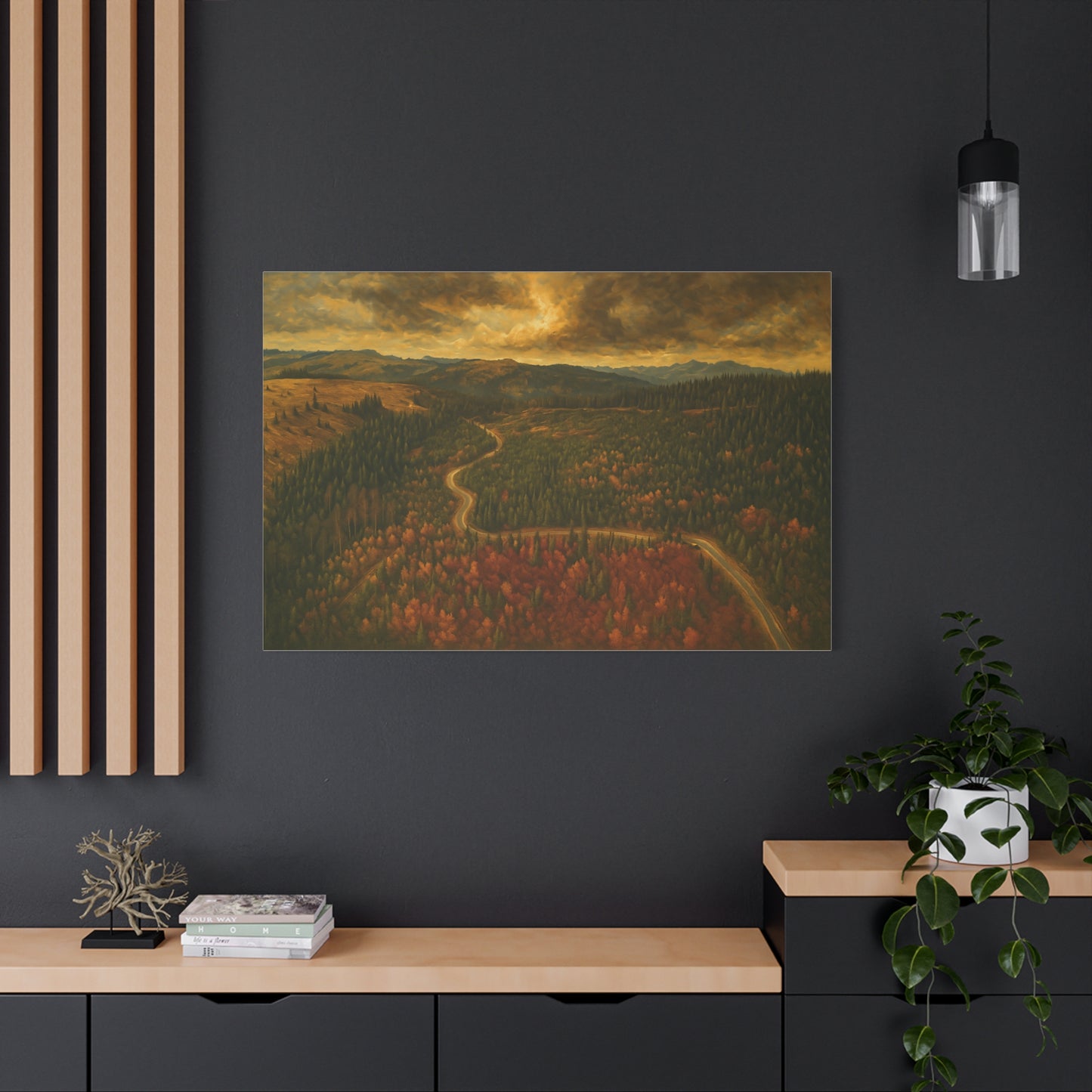 Moody forest landscape on Autumn Ridge Road matte stretched canvas wall art by Printify, featuring a serene woodland scene.
