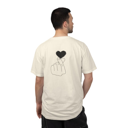 Black T-shirt with minimal black heart graphic, featuring a finger heart design, by Printify.