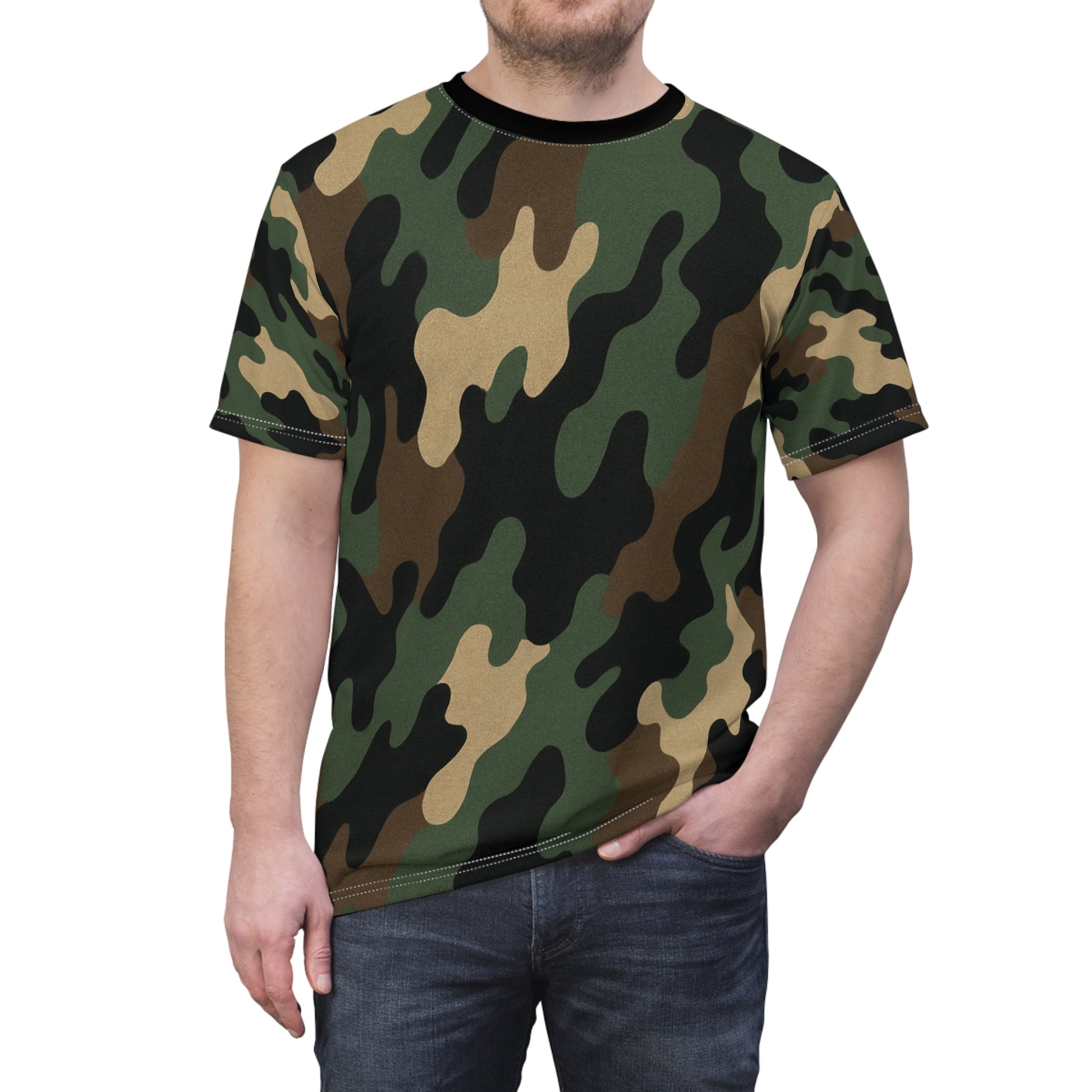 Printify woodland camouflage all-over print T-shirt featuring a classic woodland camouflage design on soft fabric.