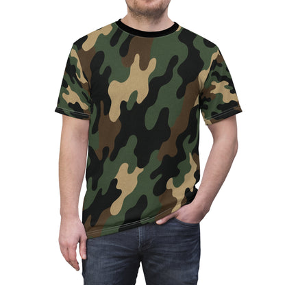 Printify woodland camouflage all-over print T-shirt featuring a classic woodland camouflage design on soft fabric.