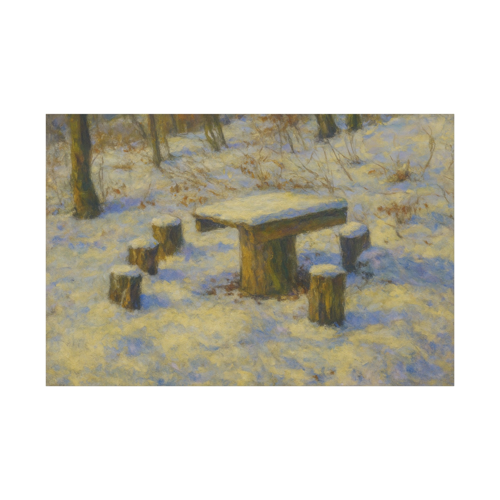 Snowy forest winter landscape canvas wall art, matte stretched print featuring a snowy forest scene with trees and winter scenery.
