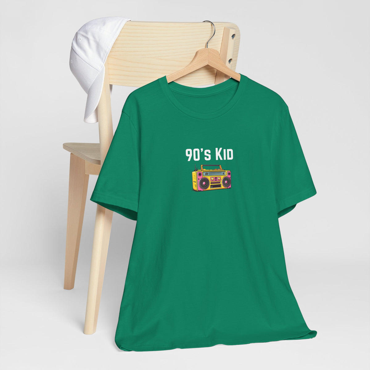 Retro Boombox Tee featuring 90s kid graphic, soft cotton T-shirt with colorful vintage boombox print by Printify.