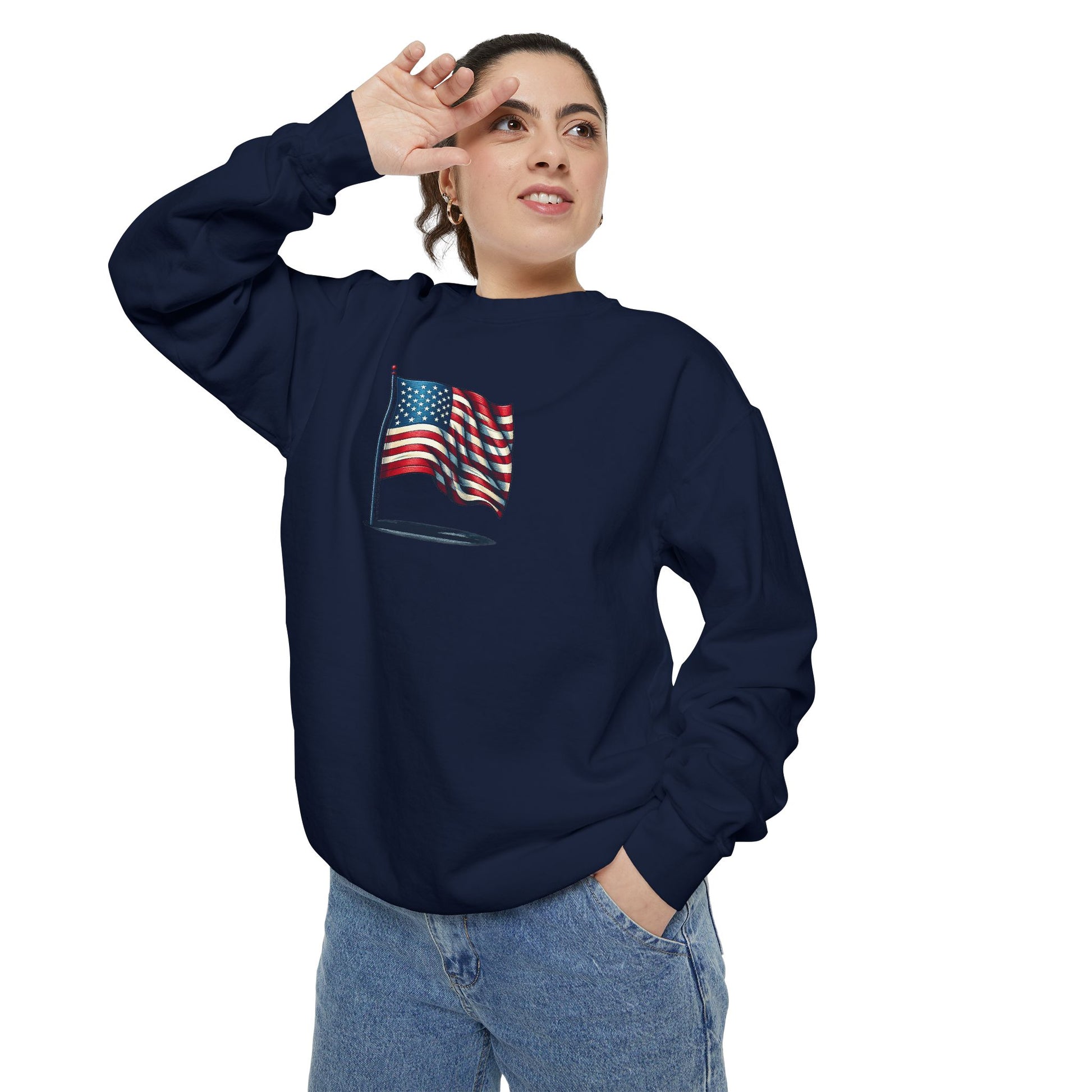 Patriotic Unisex Garment-Dyed Sweatshirt with Vintage American Flag, Cozy Fall Outfit, Statement Sweater, Gift for Veterans, Casual Fashion - TRV