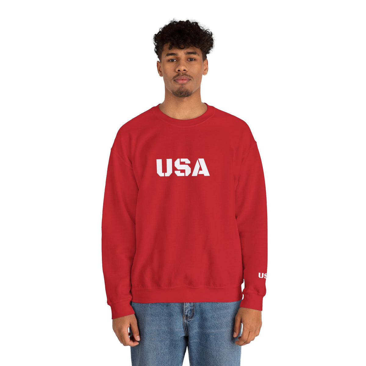 Printify USA crewneck sweatshirt with patriotic design, cozy fit, perfect for all seasons, ideal for patriotic gifts.