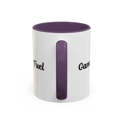 Printify Gamer Fuel coffee mug with black and white design, 11oz or 15oz size, featuring gaming-themed graphics and bold text.
