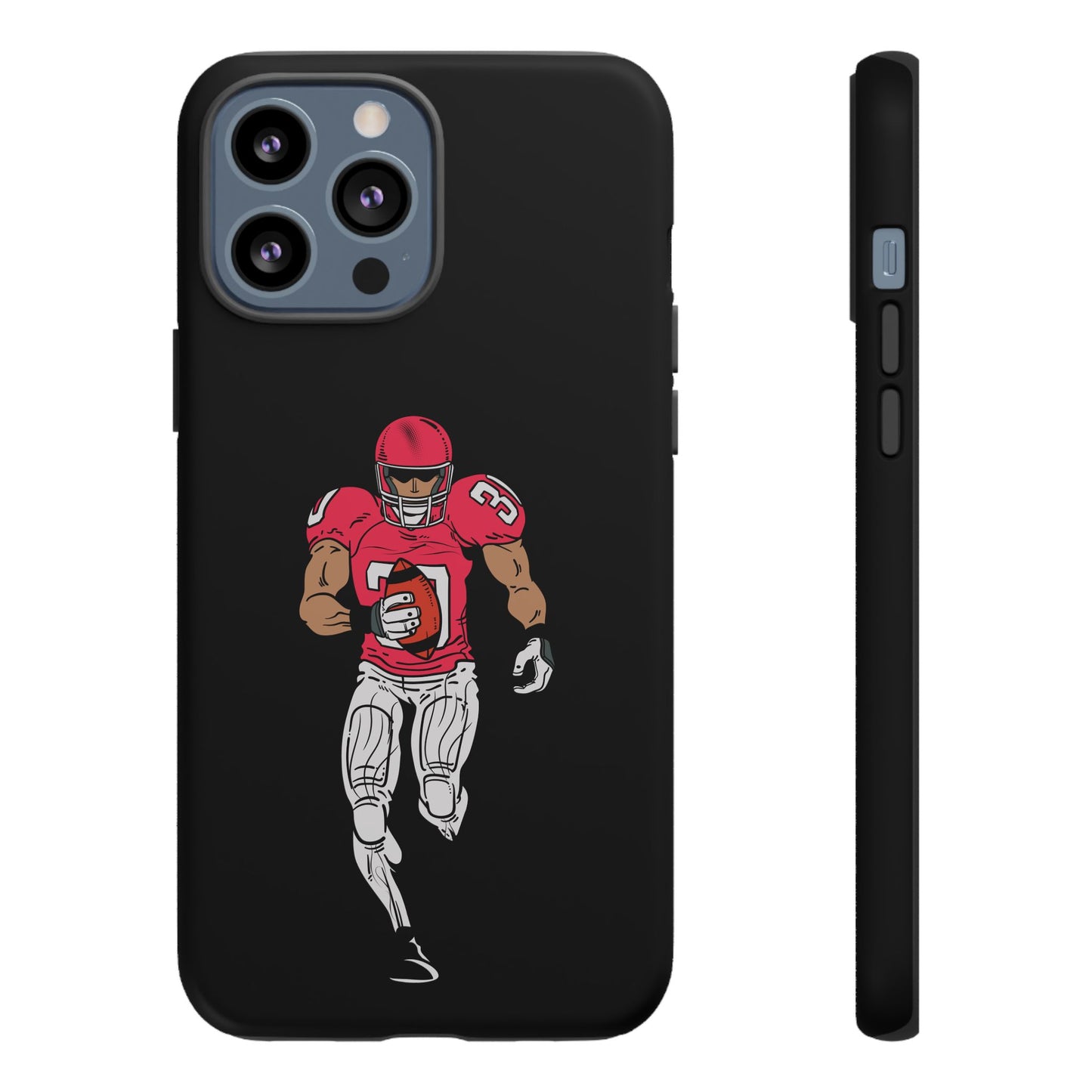 Black football player sports phone case for iPhone, durable and protective, featuring a tough football-themed design.