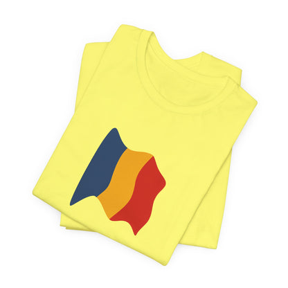 Romania flag T-shirt by Printify featuring a minimal waving tricolor design, casual fit, and soft fabric for comfortable wear.