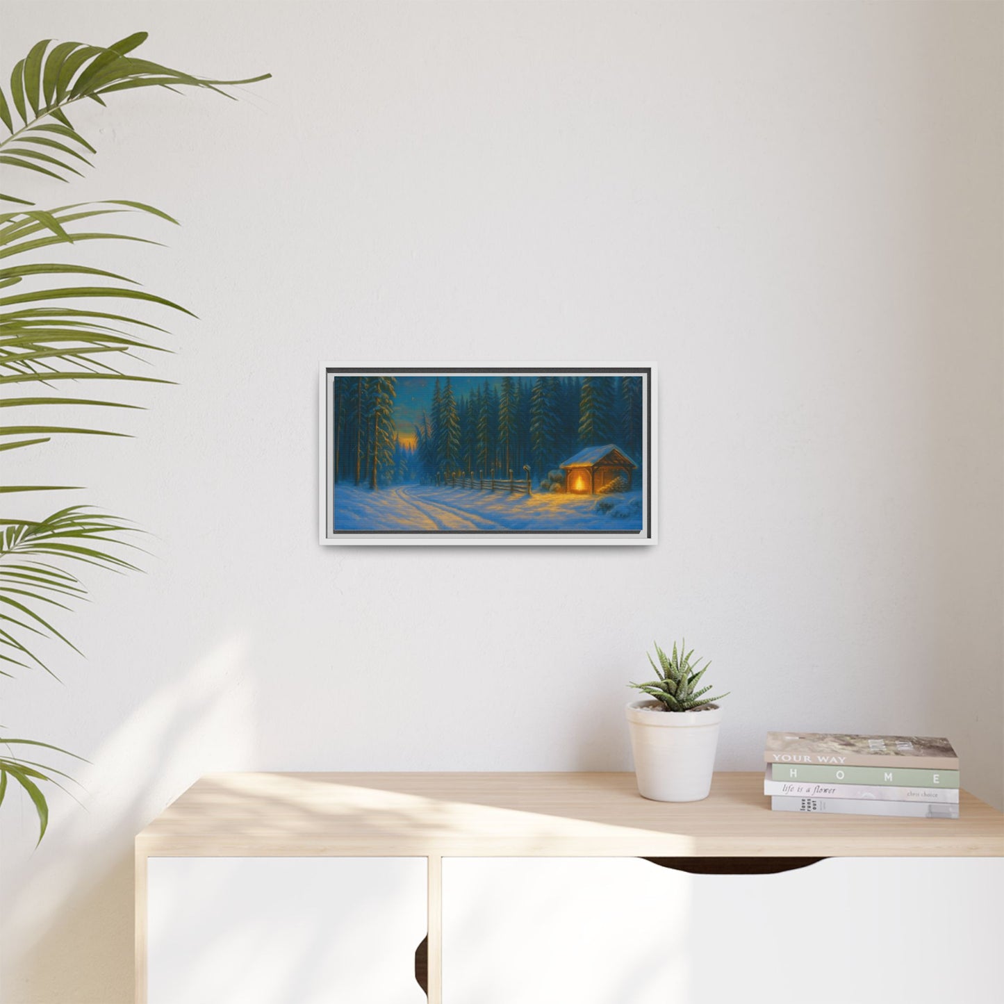 Cozy winter cabin matte framed canvas wall art featuring a snowy forest scene during evening, suitable for home decor.