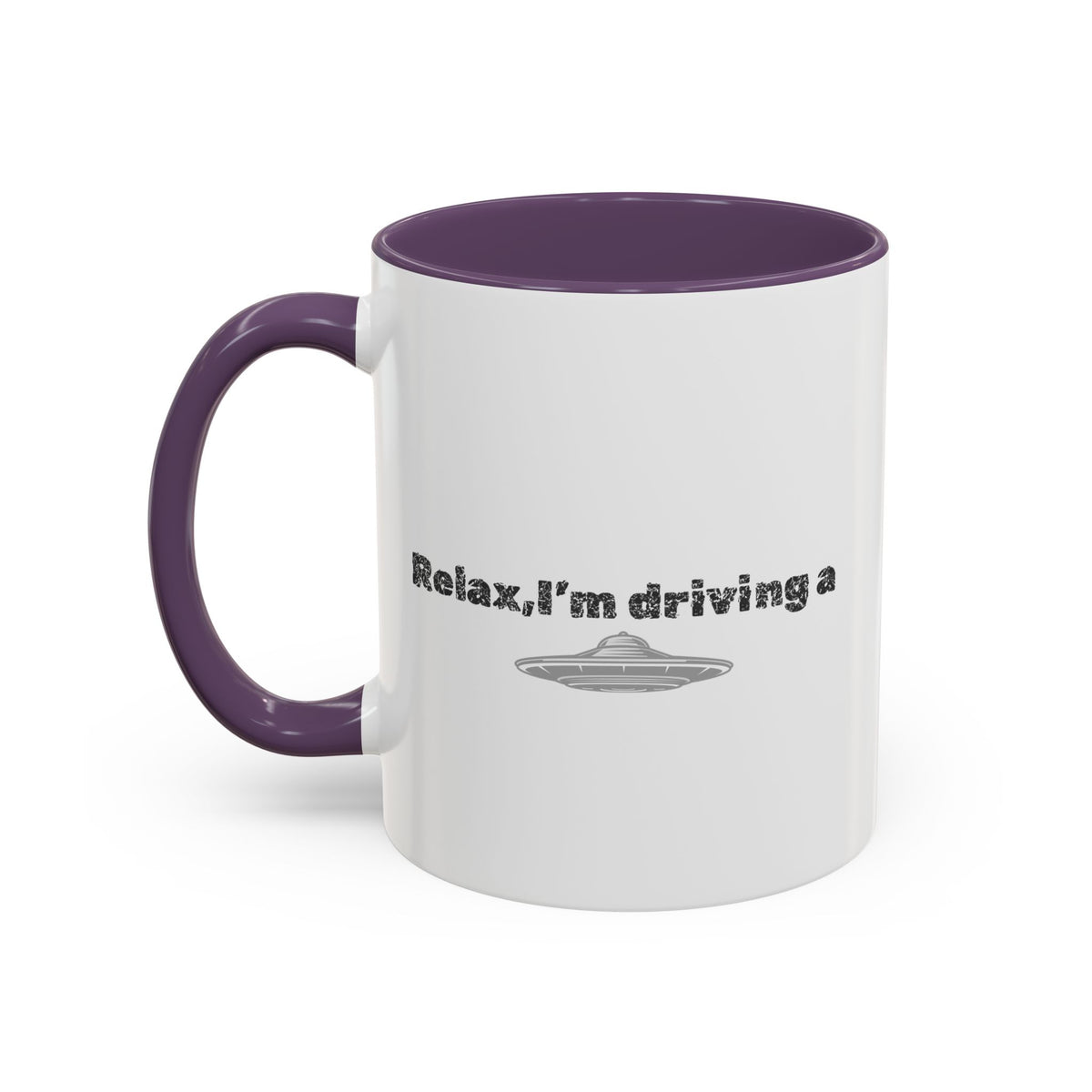 Ceramic coffee mug with "Relax, I’m Driving" UFO design, 11 oz, featuring colorful alien and space-themed accents.