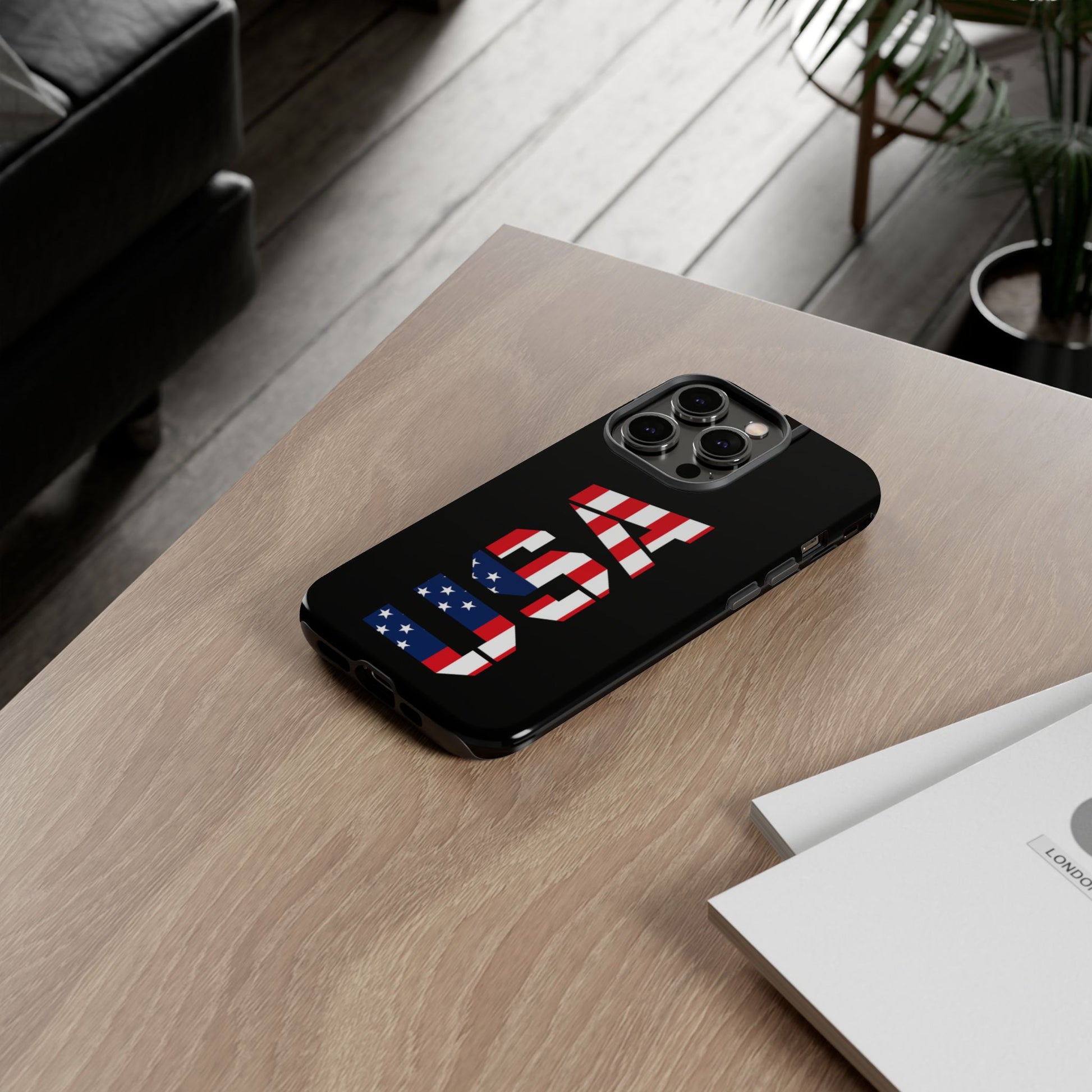 Printify USA patriotic phone case with American flag design, durable tough cover for smartphones.