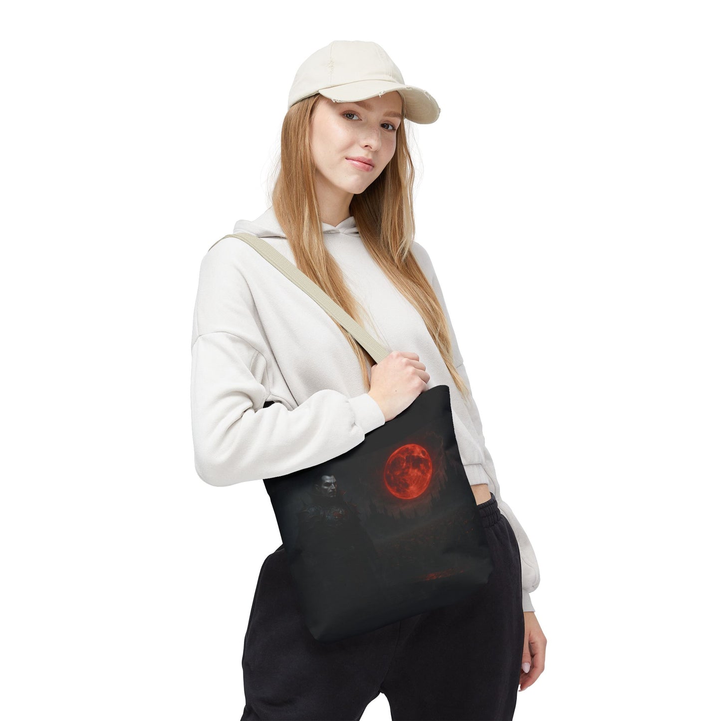 Gothic Dracula tote bag by Printify featuring moonlit vampire art, perfect for Halloween or gothic fashion accessories.
