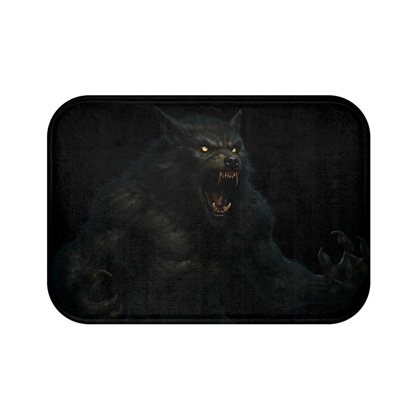 Dark gothic werewolf bathroom rug featuring a monster design, made by Printify, with a plush and textured surface for bathroom decor.