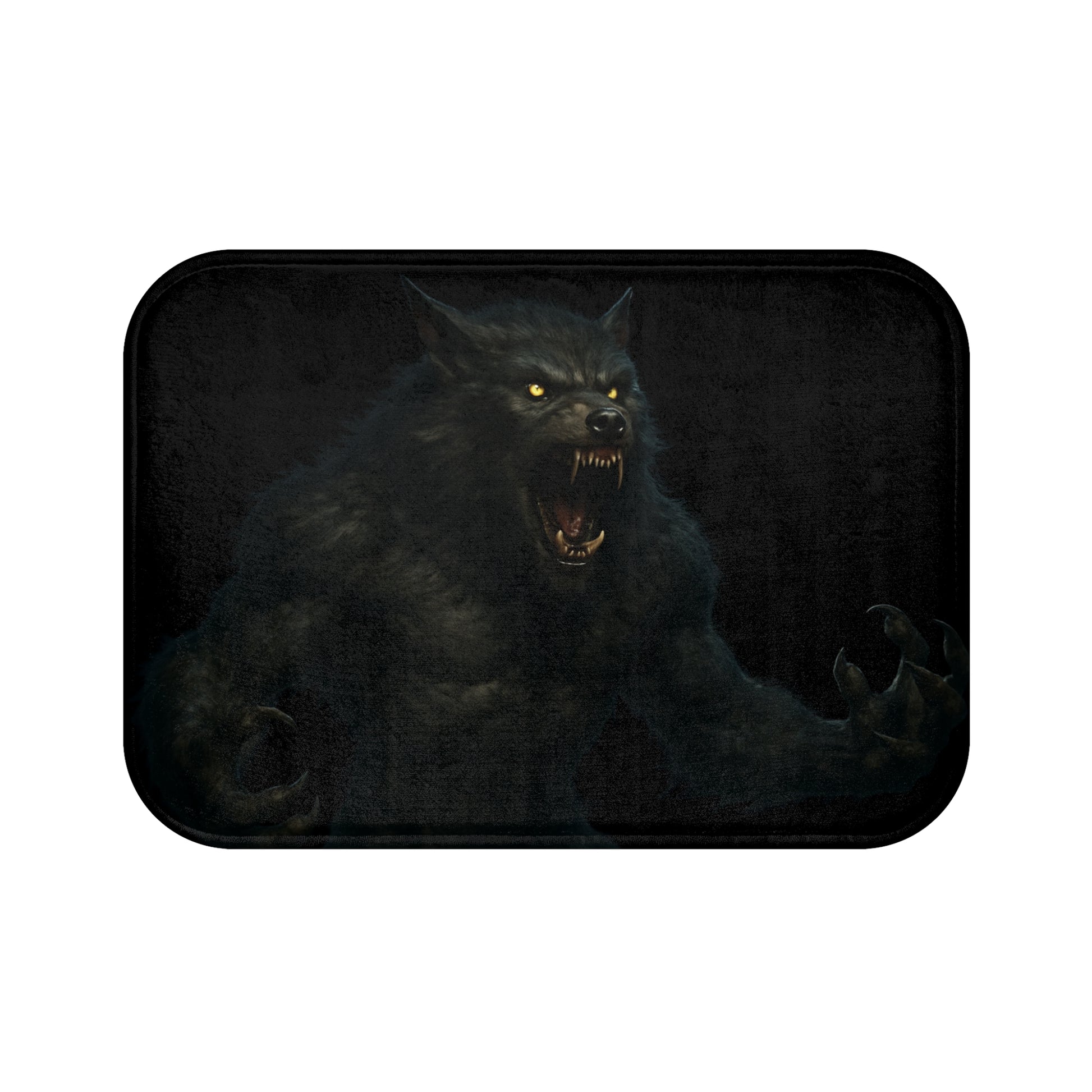 Dark gothic werewolf bathroom rug featuring a monster design, made by Printify, with a plush and textured surface for bathroom decor.