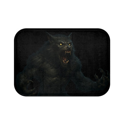Dark gothic werewolf bathroom rug featuring a monster design, made by Printify, with a plush and textured surface for bathroom decor.
