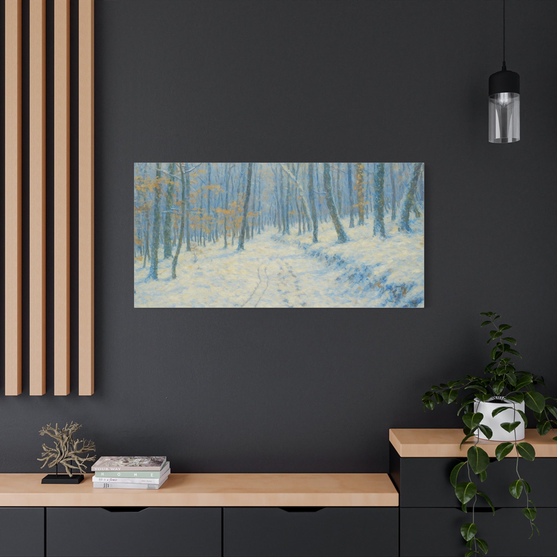 Winter Woodland Canvas Print by Printify featuring a snowy forest scene on matte stretched canvas wall art.