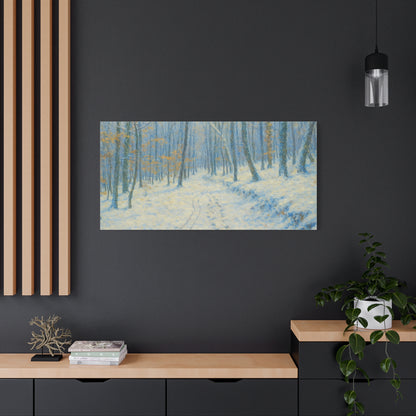 Winter Woodland Canvas Print by Printify featuring a snowy forest scene on matte stretched canvas wall art.