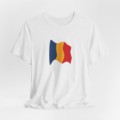 Romania flag T-shirt by Printify featuring a minimal waving tricolor design on a casual cotton tee.