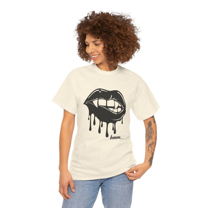 Black graphic T-shirt by Printify featuring dripping lips design with a 'hmm...' bite illustration on the front.
