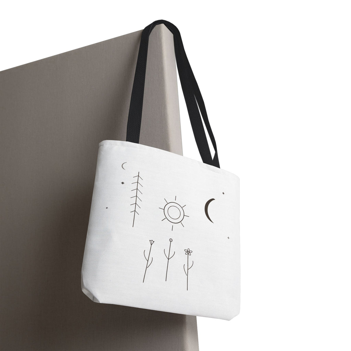 Minimal Moon and Sun botanical tote bag with celestial line art design, featuring eco-friendly canvas material from Printify.