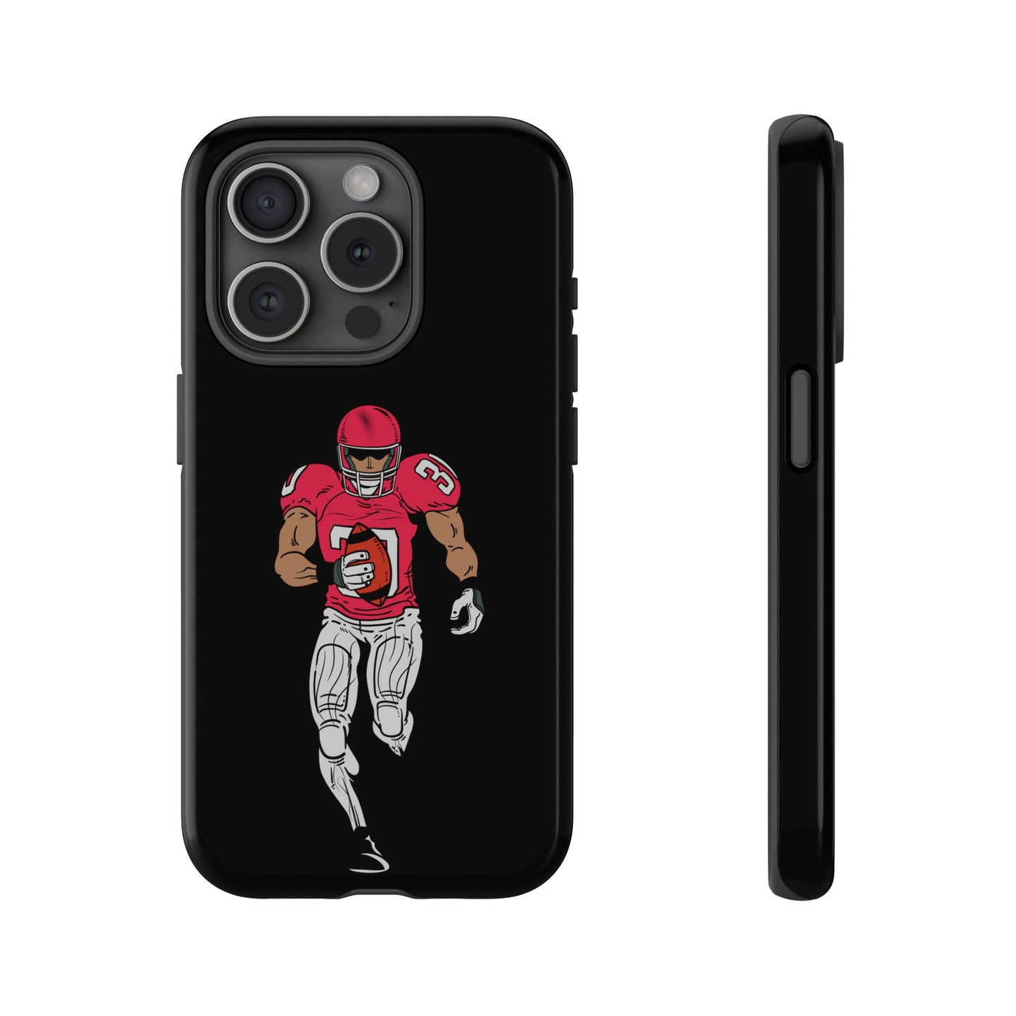 Black football player tough phone case for iPhone by Printify, featuring sporty design and durable protection.