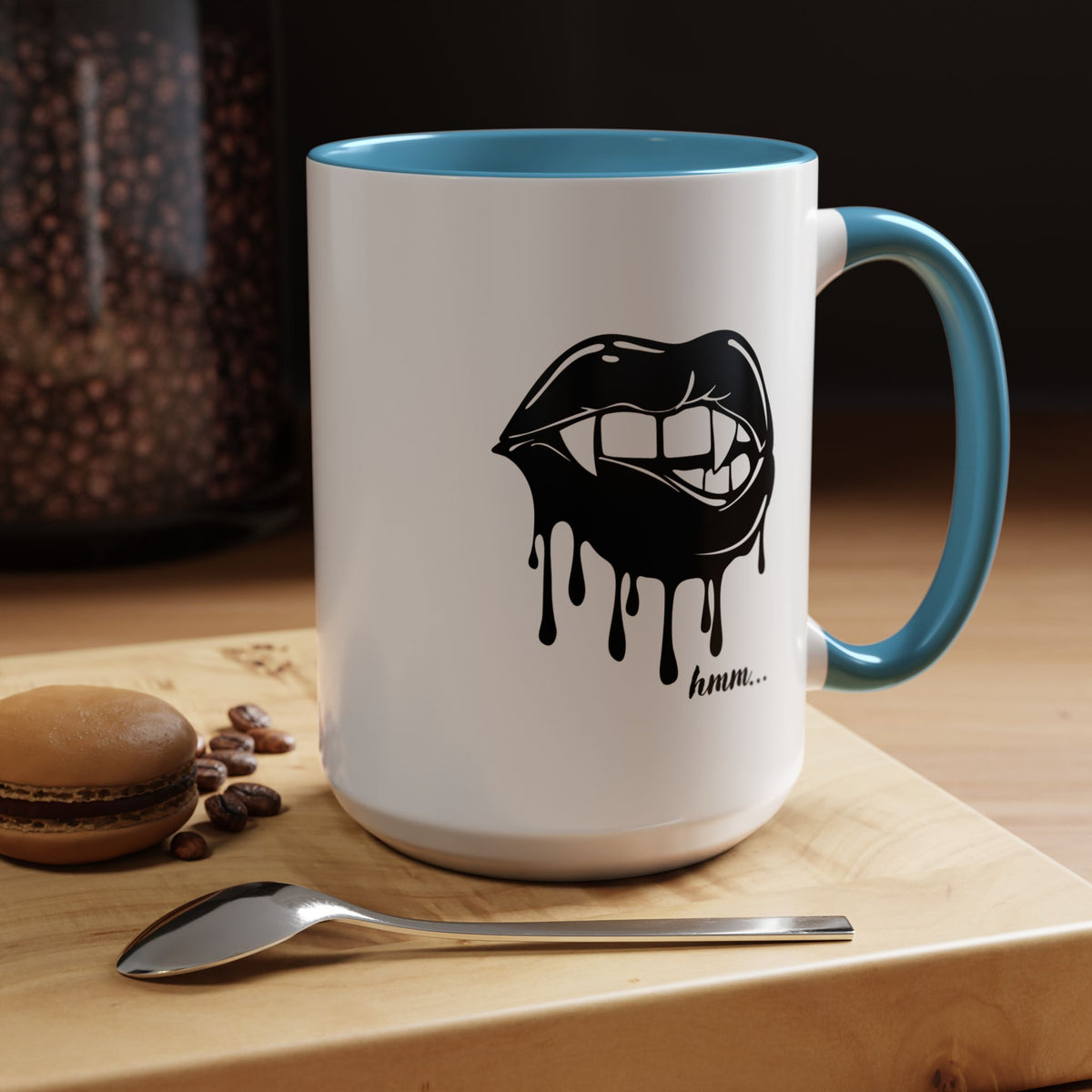Black Dripping Lips accent coffee mug with bite graphic, available in 11oz or 15oz, featuring bold print design.