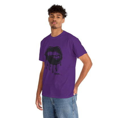 Graphic T-shirt featuring dripping lips and "hmm..." bite design, printed by Printify, shown on a casual model.
