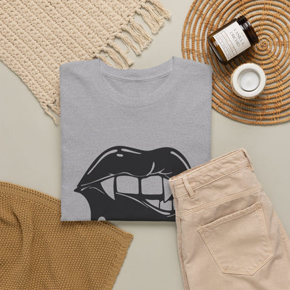 Black graphic T-shirt by Printify featuring a dripping lips 'hmm...' bite design on the front.