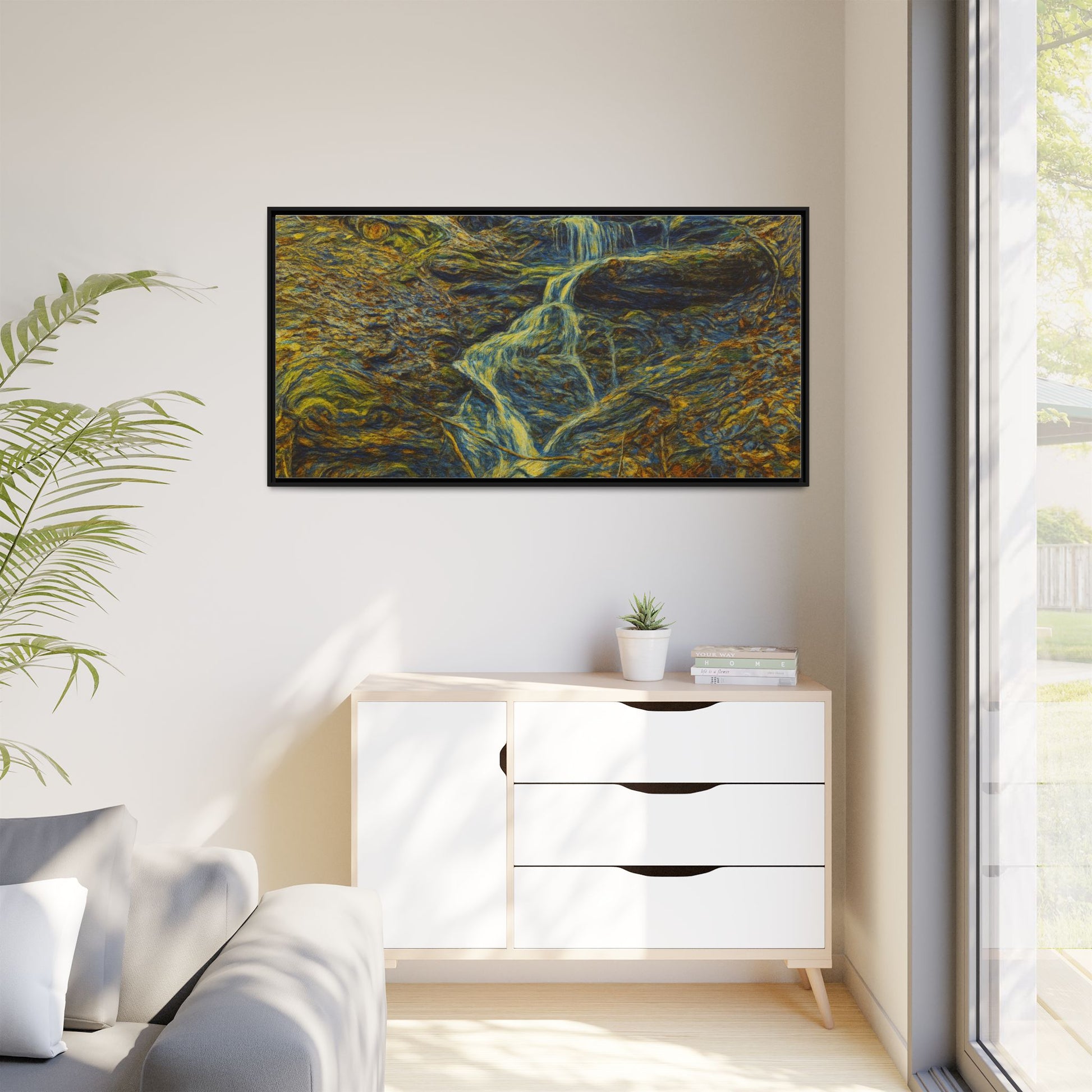 Framed matte canvas art of an autumn forest with a waterfall, featuring vibrant fall colors and natural scenery.