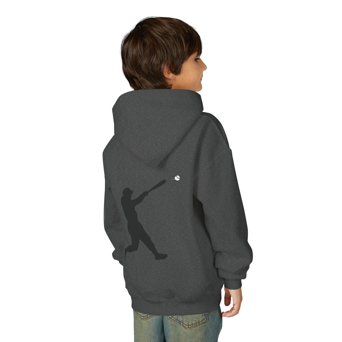 Kids' youth baseball silhouette hoodie by Printify featuring a baseball player pullover, perfect for children's casual sportswear.