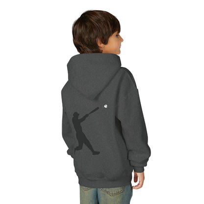 Kids' youth baseball silhouette hoodie by Printify featuring a baseball player pullover, perfect for children's casual sportswear.