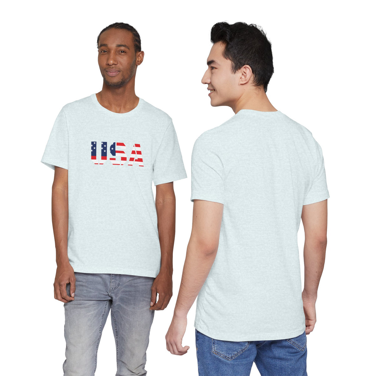 USA flag text t-shirt by Printify featuring patriotic Fourth of July design, with bold American flag and text on soft cotton fabric.