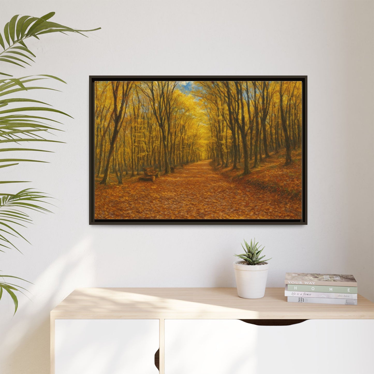 Autumn forest path matte canvas wall art by Printify, featuring a scenic forest trail with fall foliage and a framed design.
