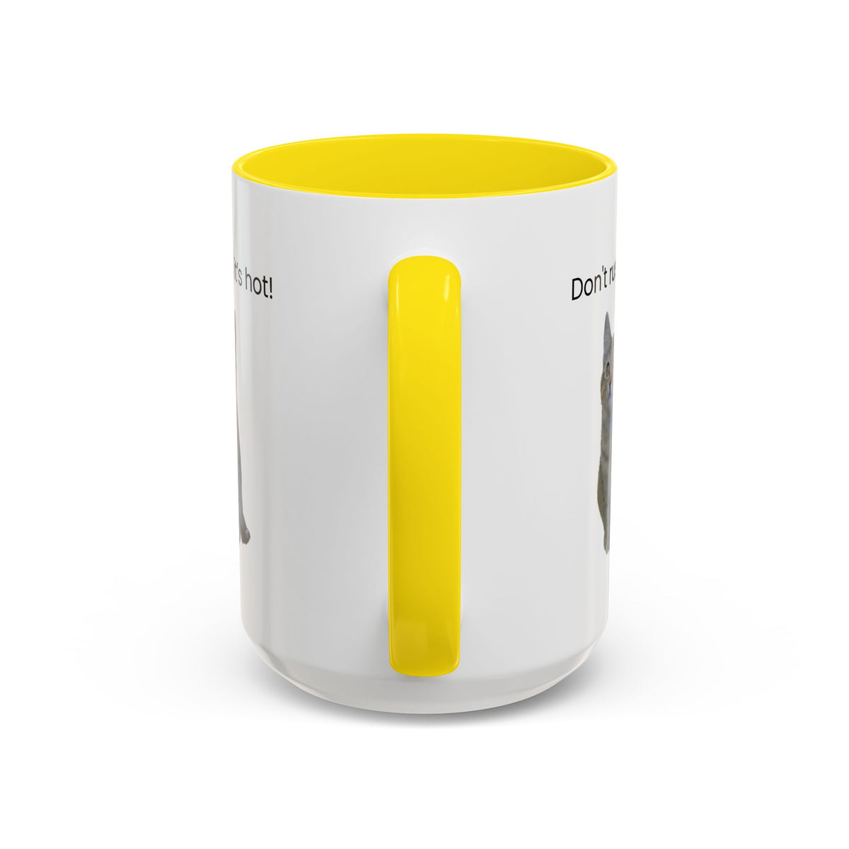 Ceramic cat coffee mug with "Don't rush, it's hot!" slogan, 11 oz or 15 oz, featuring a playful cat design on a white background