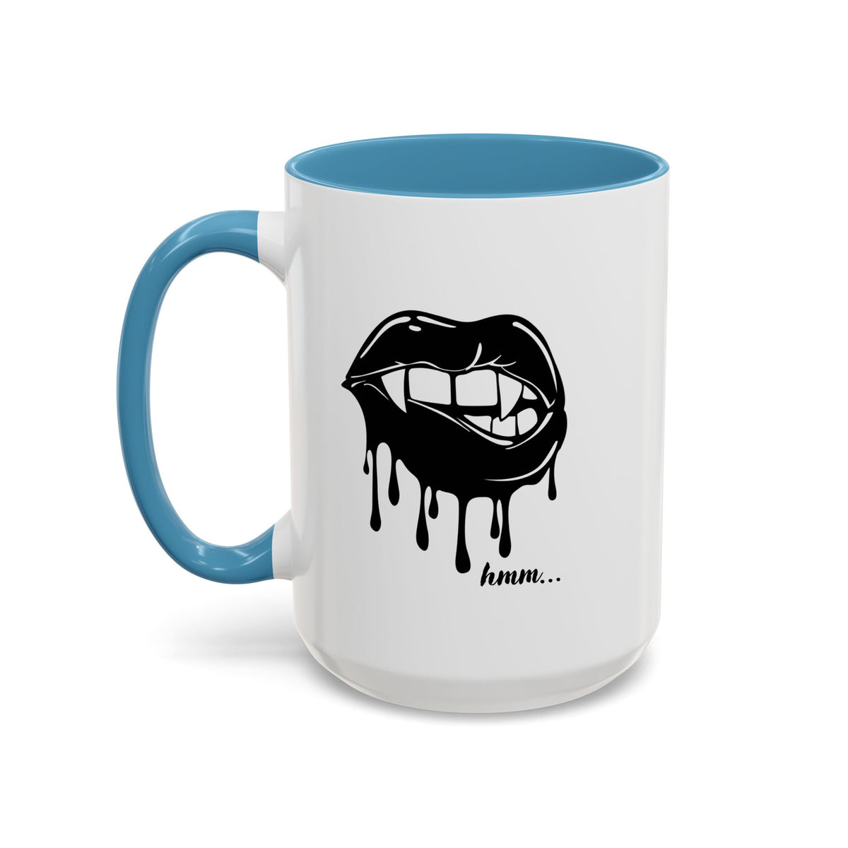 Black Dripping Lips accent coffee mug with bite graphic, available in 11oz and 15oz sizes, featuring bold, artistic design.