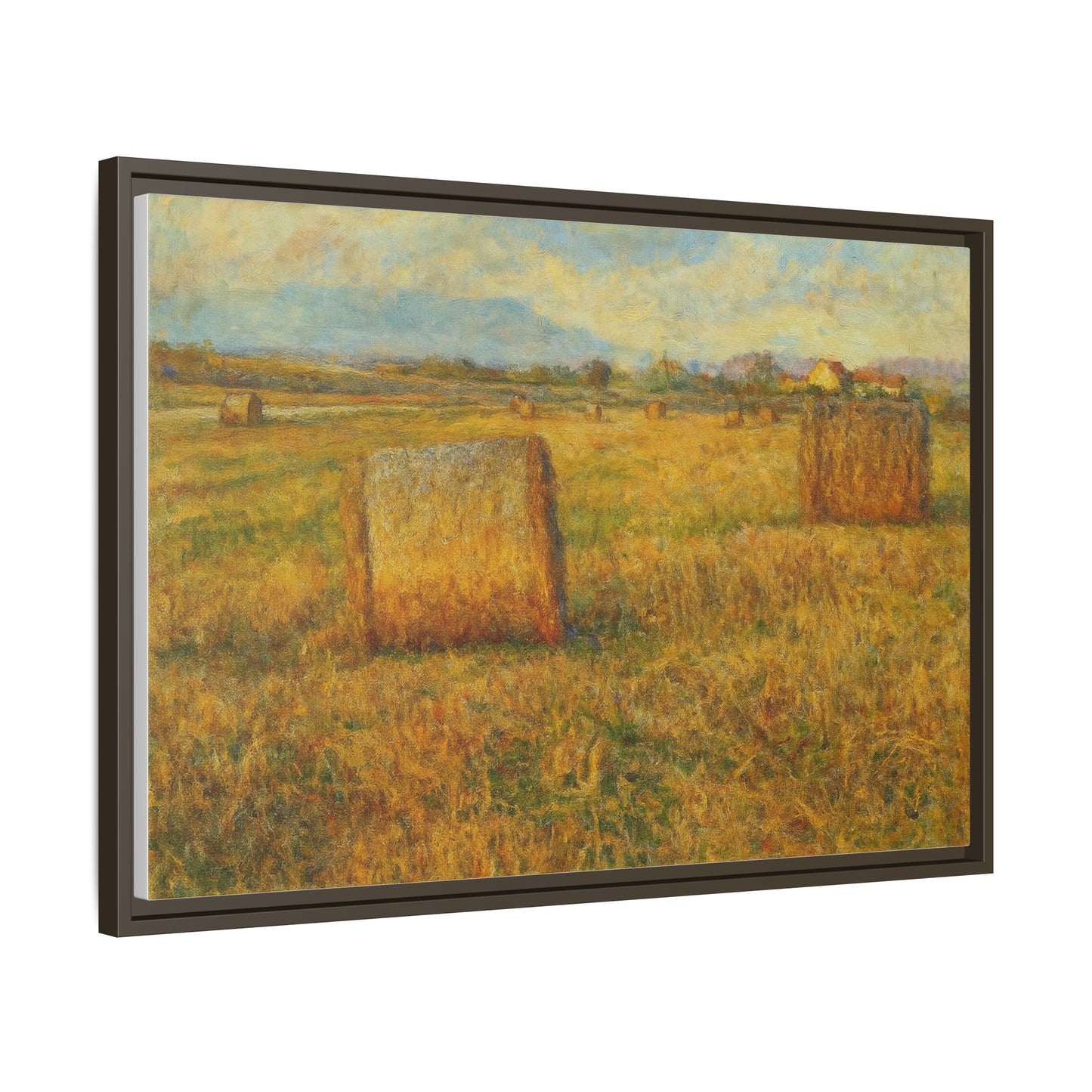 Framed matte canvas wall art featuring a rustic hayfield landscape print by Printify, showcasing natural countryside scenery.