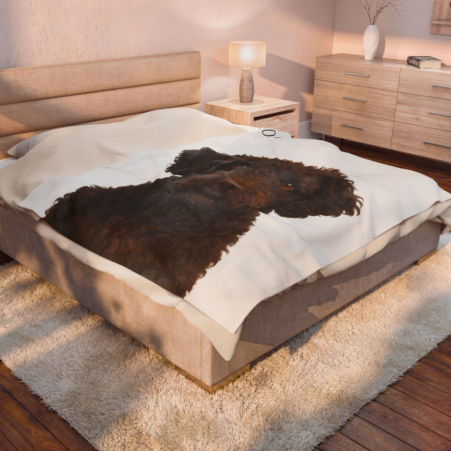Custom brown Labradoodle portrait blanket with velveteen plush fabric, featuring all-over print design by Printify.