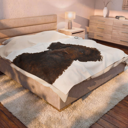 Custom brown Labradoodle portrait blanket with velveteen plush fabric, featuring all-over print design by Printify.