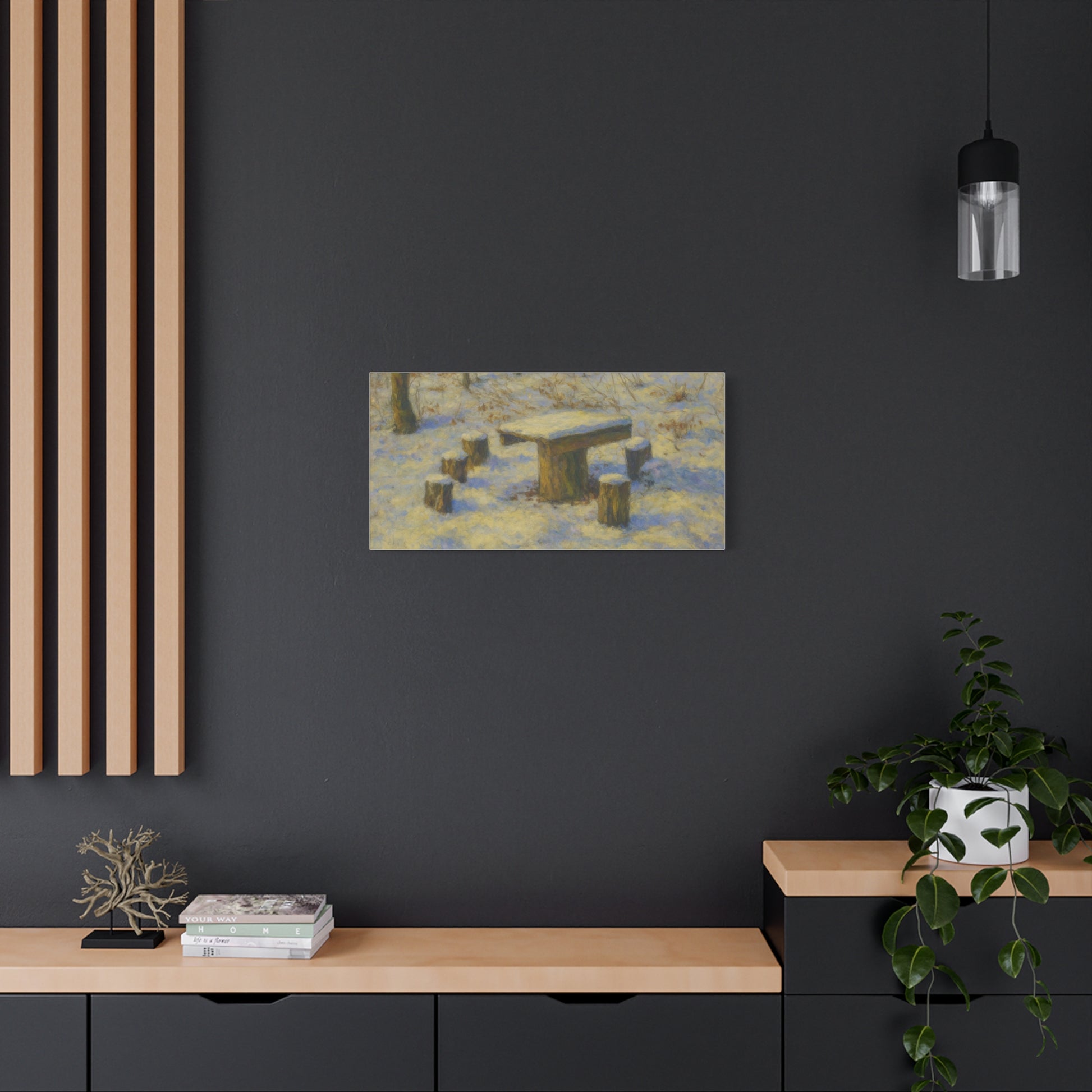 Snowy forest winter landscape canvas wall art by Printify, matte stretched print showcasing a snowy forest scene.