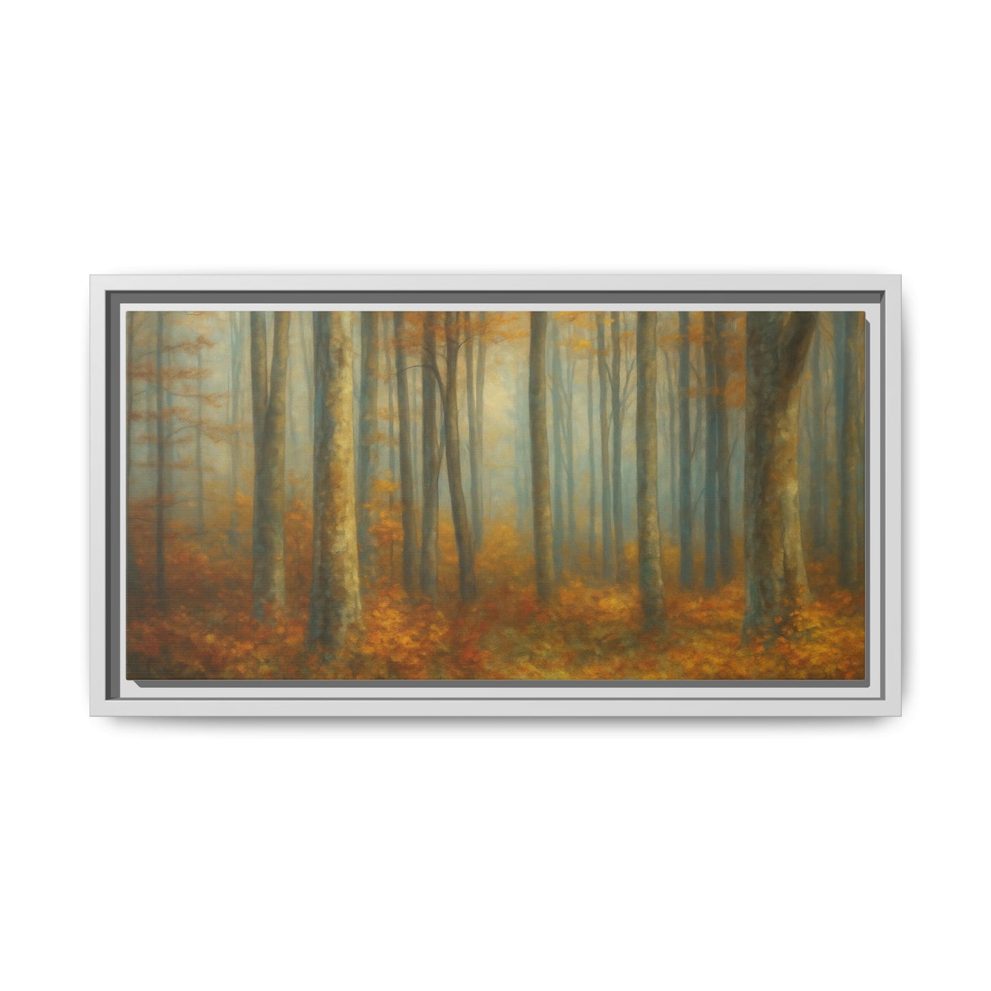 Framed autumn forest canvas print featuring misty woodland scene, wall art by Printify, showcasing fall trees and scenic nature landscape.